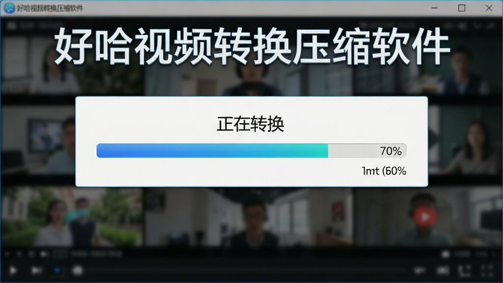 一张展示好哈视频转换压缩软件转换过程的界面截图,中心位置有“正在转换”的进度条与百分比数字,背景为模糊的视频预览画面,界面中标注“好哈视频转换压缩软件”字样,布局整洁,风格科技感强,画质清晰无多余元素。