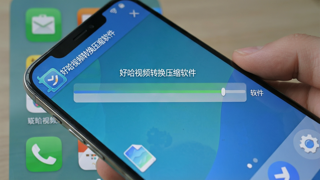 一张好哈视频转换压缩软件在手机上运行的截图,屏幕显示压缩进度条和文件大小,背景为手机桌面,软件名称为“好哈视频转换压缩软件”,界面清晰,风格干净,画质细腻。