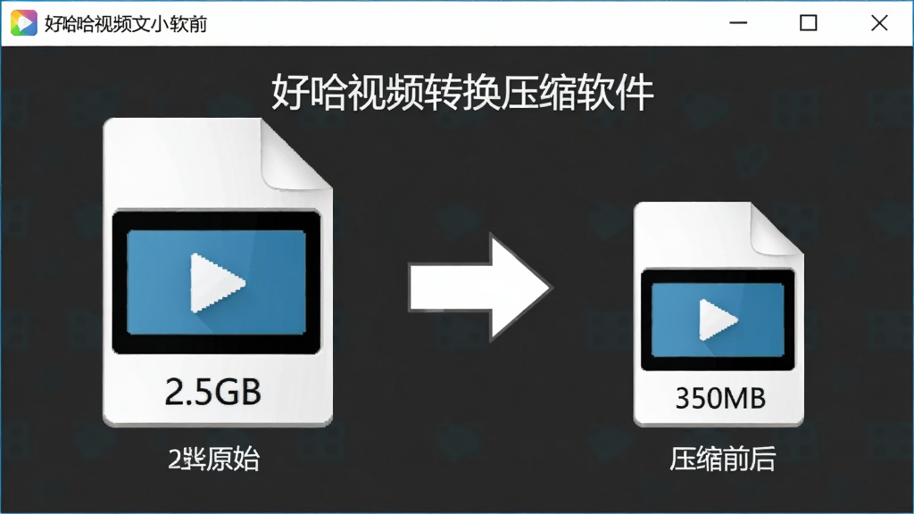 图示为好哈视频转换压缩软件压缩前后的文件大小对比,左侧为原始视频文件图标与大小“2.5GB”,右侧为压缩后图标与大小“350MB”,中间有箭头连接,界面标注“好哈视频转换压缩软件”,风格简约明了,画质干净。