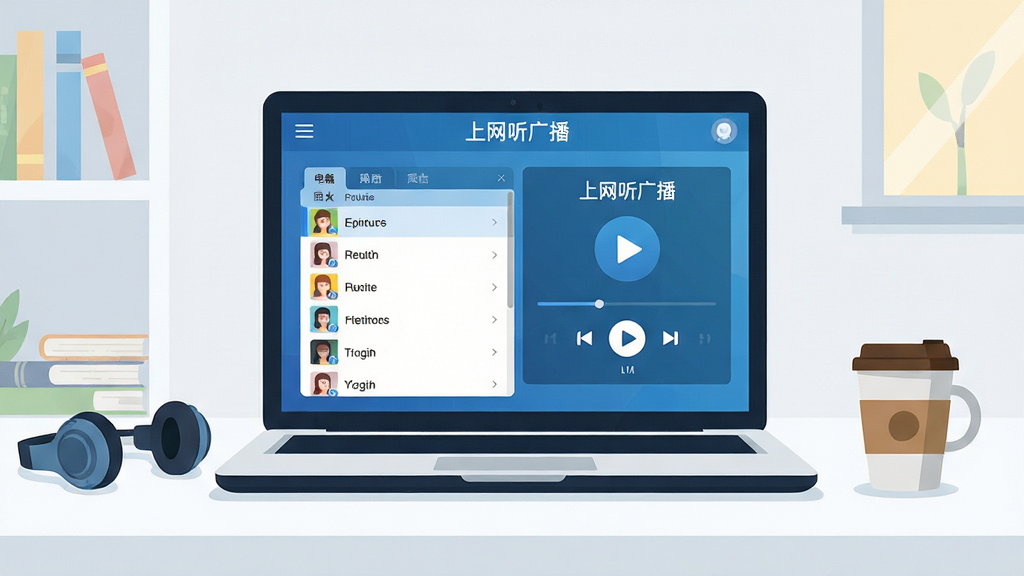 高清扁平化风格插图,主体是摆放在现代简约书桌上的笔记本电脑,屏幕中展示着