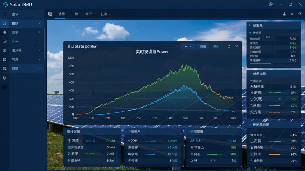 一张展示Solar DMU软件主界面的高清截图,界面中央是光伏电站的实时发电功率曲线图,背景为蓝天白云下的太阳能电池板阵列,整体风格科技感十足,数据面板布局清晰,采用深蓝色主题色调,画质清晰干净,无多余元素