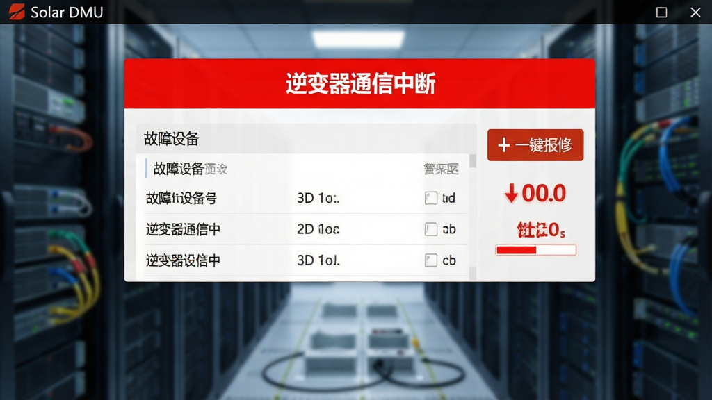 一张Solar DMU软件告警通知界面的截图,屏幕上方弹出红色告警横幅,显示“逆变器通信中断”字样,下方列出故障设备列表和“一键报修”按钮,背景为模糊的电脑机房,整体风格偏商务,色彩对比鲜明,突出告警的紧迫感,画质干净
