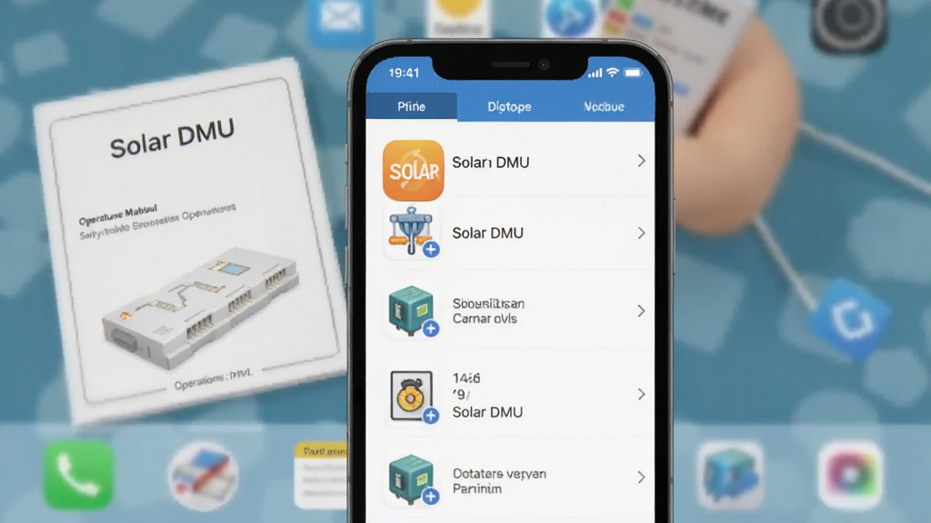 一张Solar DMU软件在手机上安装并打开的应用列表截图,手机屏幕高亮显示Solar DMU图标,背景是整洁的桌面,旁边放着一本操作手册,画风简洁,突出安装教程主题,画质干净