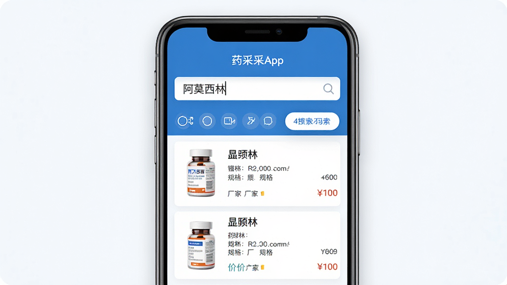主体:药采采App的药品搜索功能界面,屏幕上展示搜索框与筛选选项。布局:手机屏幕占据画面中央,界面元素清晰可见。排版:俯视角度,展示完整的搜索页面。风格:简洁的商务风格,蓝白配色。细节:搜索框内显示“阿莫西林”,下方展示搜索结果列表,包含药品图片、名称、规格、厂家与价格信息。画质:高清,干净,无多余元素。