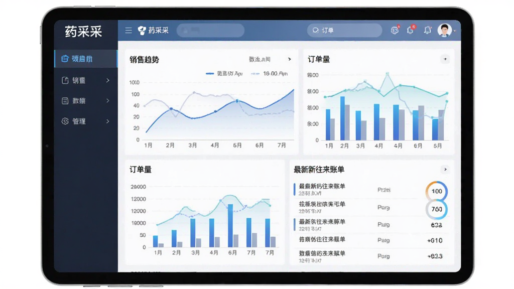 主体:药采采App的供应商管理后台界面。布局:平板或手机横屏展示数据看板,包含图表与订单数据。排版:数据可视化布局,图表与列表结合。风格:专业数据分析风格,科技感。细节:界面展示“药采采”数据面板,包含销售趋势折线图、订单量柱状图以及最新的往来账单列表。画质:高清,干净,无多余元素。