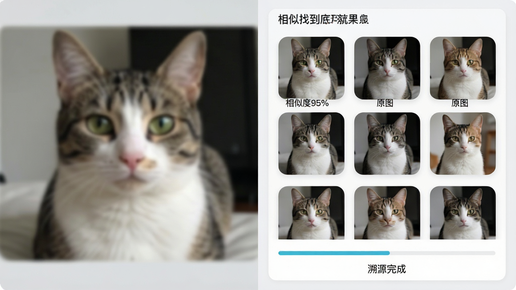 一张“一眼找到底”软件相似图片溯源功能的演示图。主体为左右对比布局,左侧显示一张模糊的猫咪照片,右侧显示搜索结果,以网格形式罗列出多张清晰度不一但内容相似的猫咪图片,并标注“相似度95%”“原图”字样。界面下方有进度条和“溯源完成”提示。风格为简洁的科技感设计,背景浅灰,图片缩略图圆角处理,画质干净清晰,无多余装饰。