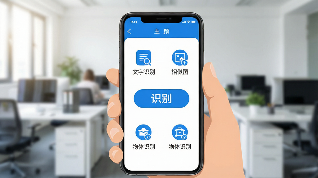 一张“一眼找到底”软件使用场景的插图。主体为一部手机被握在手中,手机屏幕显示软件主界面,背景为模糊的办公室环境。界面中央有一个明显的“识别”按钮,周围以图标形式展示“文字识别”、“相似图”、“物体识别”等功能入口。整体色调为蓝白相间,风格简洁明快,重点突出,画质高清,无多余元素。