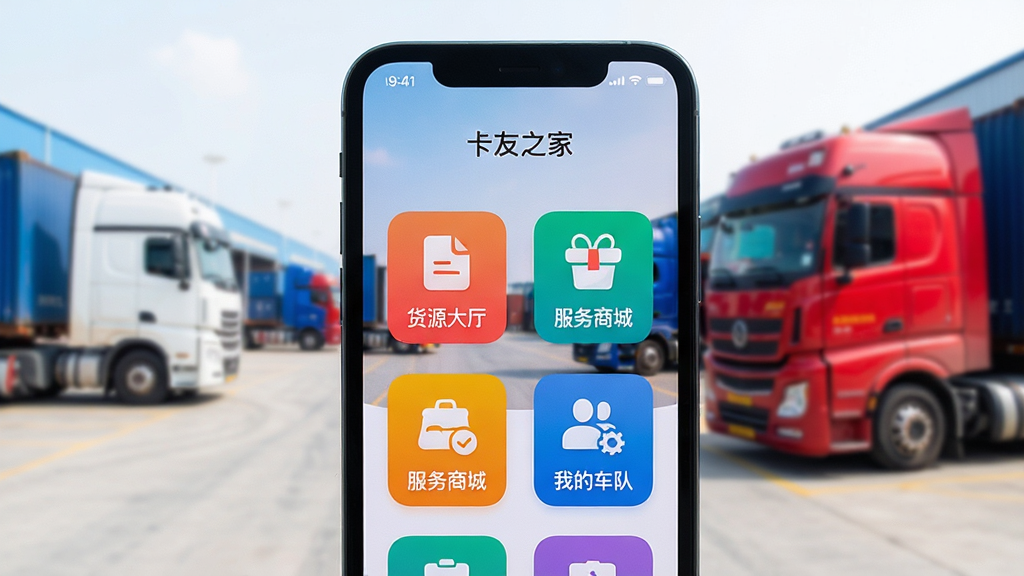 一张展示卡友之家APP在手机屏幕上运行的实拍图,手机屏幕中央显示APP主界面,界面中包含“货源大厅”、“服务商城”、“我的车队”等彩色功能图标,背景为模糊的物流园区与卡车轮廓,整体画面清晰明亮,构图居中,采用写实摄影风格,画质细腻,干净无多余元素