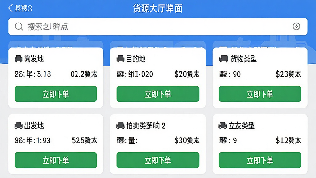 卡友之家APP货源大厅界面截图,页面以蓝色为主色调,顶部搜索框下方整齐排列多条货源卡片,卡片上清晰标注出发地、目的地、货物类型、重量及运费金额,并配有“立即抢单”绿色按钮,界面风格扁平化设计,排版清晰,UI细节丰富,画质高清,无多余元素