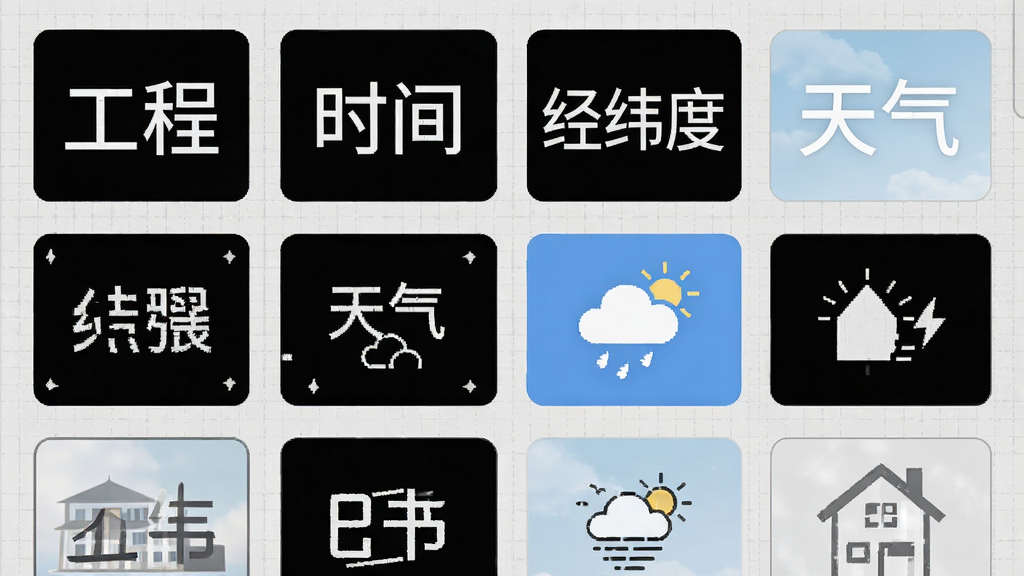 水印相机拍图模板库界面,屏幕内整齐排列着多种水印模板缩略图,包含“工程、时间、经纬度、天气”等字样,背景为浅灰色网格,界面扁平化设计,极简风格,注重排版与细节,画面干净,高画质,无多余元素