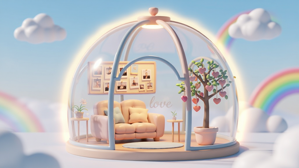 画面主体是一个被柔和光晕笼罩的透明玻璃圆顶小屋,屋内摆放着双人沙发、照片墙和一棵挂满爱心挂饰的小树。屋外是飘浮的云朵与彩虹。风格为治愈系3D渲染,色调清新粉蓝。布局采用全景视角,小屋居中,排版突出温馨氛围。细节处小屋玻璃上隐约反射“love”字样,画质干净明亮,无多余元素。