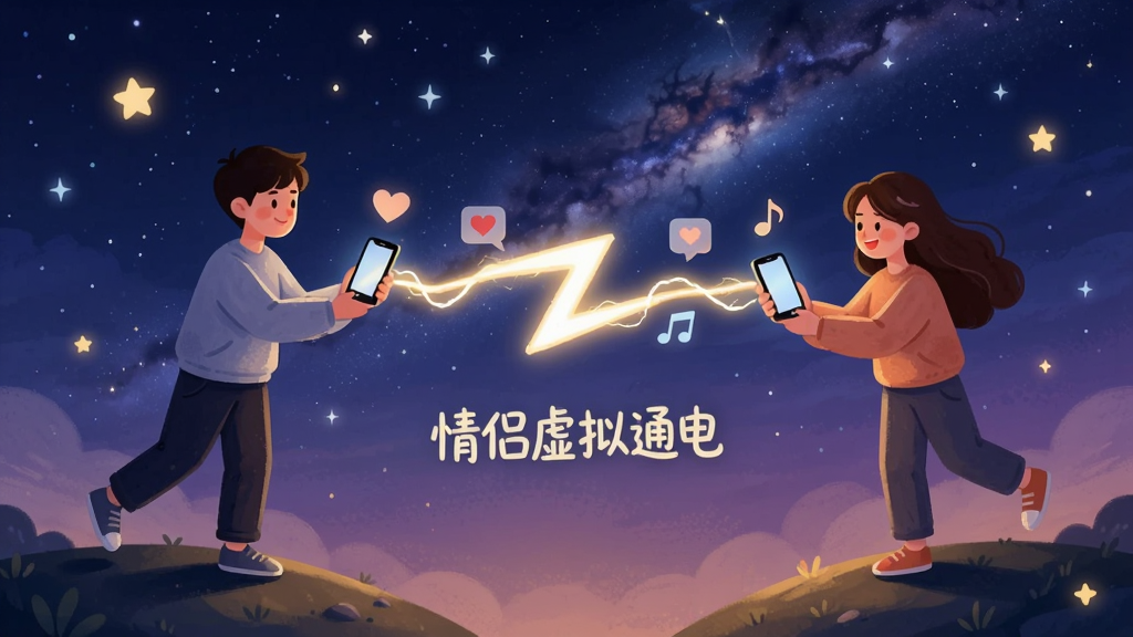 插画风格画面,一对情侣分别站在两座小山丘上,手中各持一部手机,手机之间有一道发光的闪电形电流连接,电流中悬浮着爱心和音符图标。背景是星空与银河,色调以深蓝和紫色为主,点缀暖黄色星光。主体人物动作生动,表情幸福。布局采用对称构图,电流成为视觉中心。排版强调电流的流动感,细节处标注“情侣虚拟通电”字样,画质细腻干净,无多余元素。