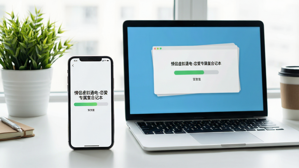 画面主体为一部手机与一台笔记本电脑并排摆放在桌面上,手机屏幕显示“情侣虚拟通电-恋爱专属复合记本”的安装进度条,电脑屏幕同样显示该应用界面。背景为简约工作台,有绿植与咖啡杯。风格写实摄影,色调明亮自然。布局采用平视角度,排版干净。细节处屏幕内容清晰,画质高清干净,无多余元素。