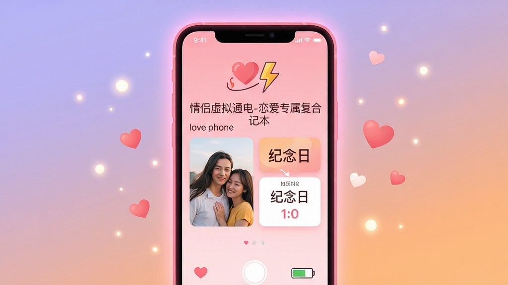 画面主体为一部亮着温馨粉色光芒的智能手机,屏幕中展示“情侣虚拟通电-恋爱专属复合记本”的主界面,界面顶部有爱心和闪电图标交错,下方是情侣合影与纪念日倒计时卡片。整体布局以手机为中心,四周漂浮着柔和的光点和小心心,背景是渐变的淡紫色与暖橙色,营造浪漫科技感。排版采用居中构图,手机屏幕内容清晰可见。风格为现代扁平插画结合微光效,细节包含屏幕内文字“love phone”与电量符号,画质高清干净,无多余元素。