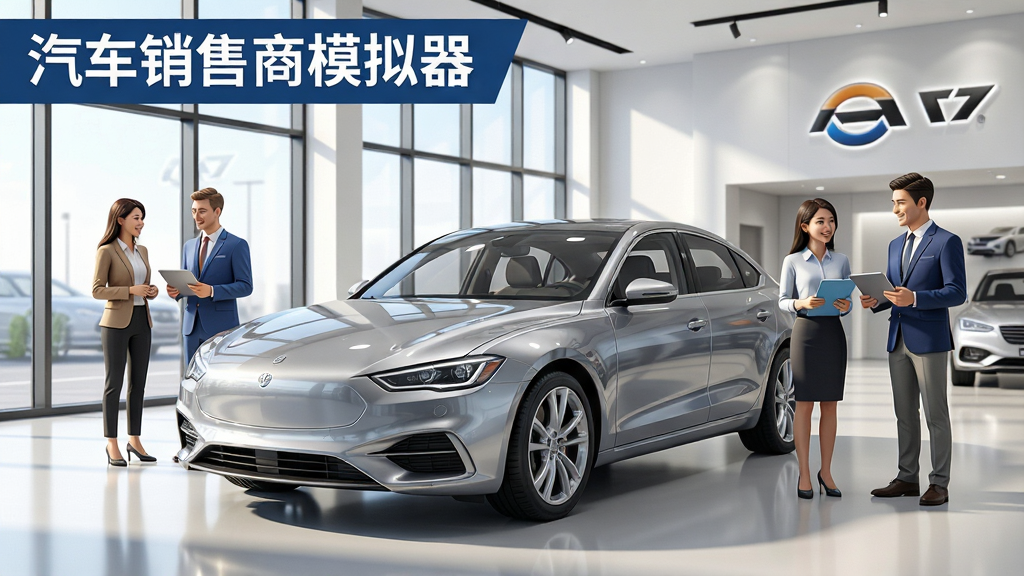 主体:一辆闪亮的新车停在现代化汽车展厅中央,周围有销售顾问与客户洽谈。布局:展厅全景,前景是汽车,后景是落地窗与品牌标识。排版:横幅构图,文字“汽车销售商模拟器”置于左上方。风格:写实3D渲染,色彩明亮通透。细节:展车反射灯光,地面光洁,客户面带微笑,销售员手持平板。画质:高清,干净,无多余元素。