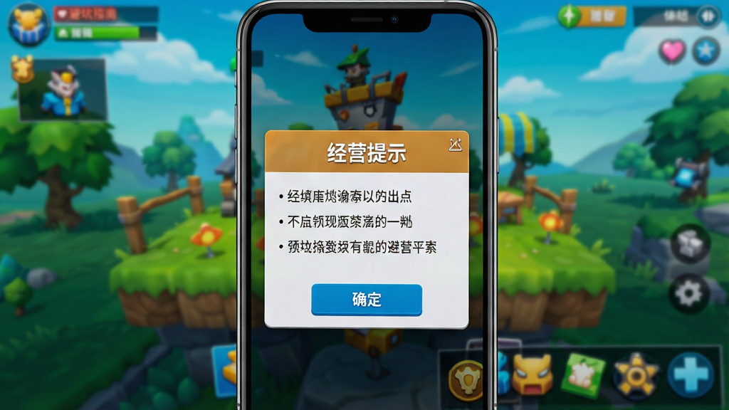 主体:手机屏幕特写,显示游戏内“避坑指南”弹窗,背景是游戏主界面。布局:手机居中,屏幕内容清晰可见,弹窗有“确定”按钮。排版:竖屏截图样式,弹窗文字可读。风格:UI截图风格,色彩鲜艳。细节:弹窗标题为“经营提示”,正文列出三条要点。画质:高清,干净,无多余元素。
