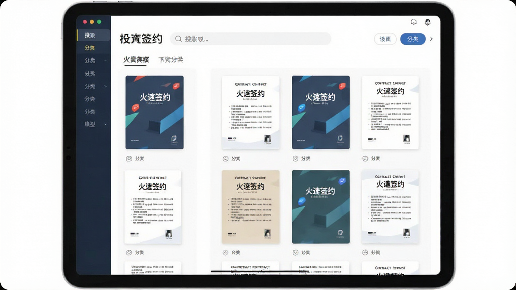 展示“火速签约”合同模板库的界面设计图,主体为平板电脑横屏画面,屏幕中排列着多份合同模板缩略图,每份封面标注合同类型名称,布局为网格状排列,排版整洁,风格清新商务,细节包含搜索栏与分类标签,画质清晰干净无多余元素