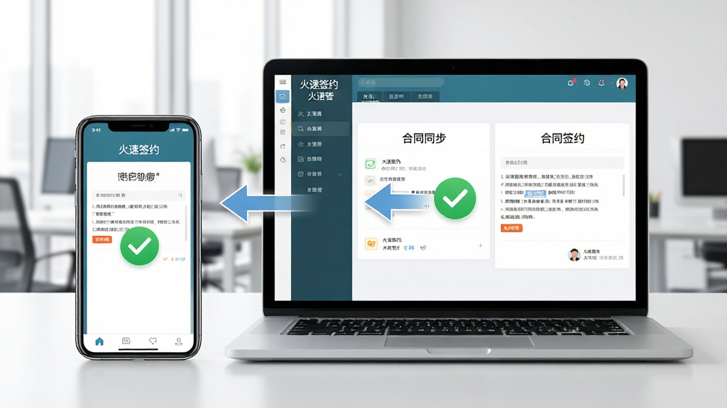 展示“火速签约”软件在手机与电脑上同步使用的场景,主体为一部智能手机与一台笔记本电脑并排摆放,屏幕中均显示火速签约的合同管理界面,背景为明亮的办公室环境,布局平衡,排版自然,风格写实商务,细节包含数据同步箭头与绿色对勾图标,画质清晰干净无多余元素