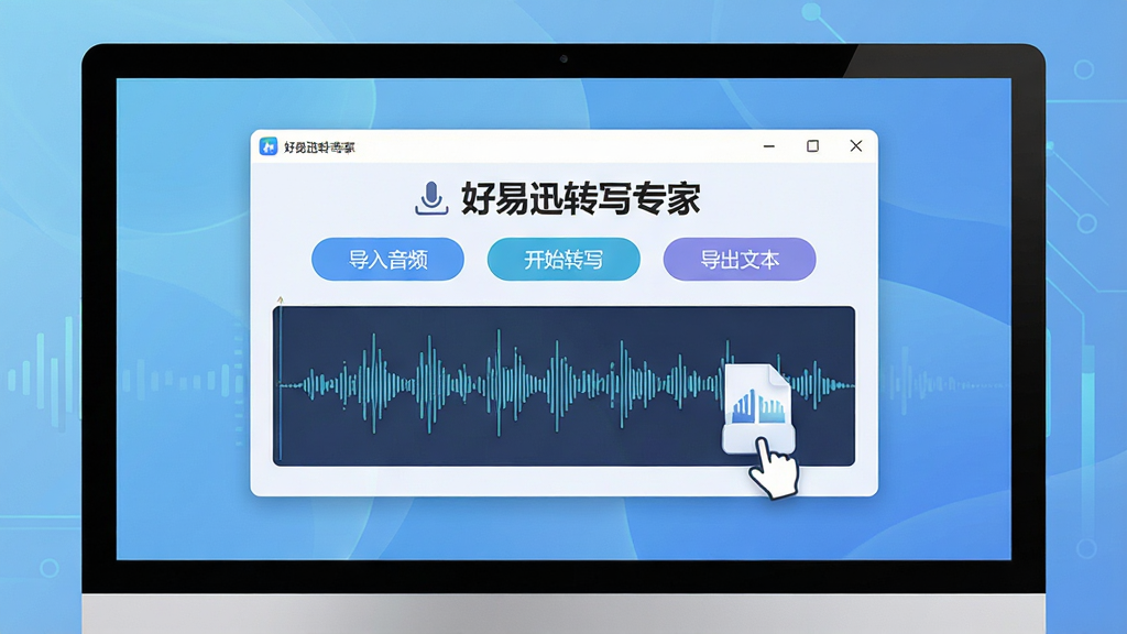 主体:好易迅转写专家软件的主界面展示,电脑屏幕中清晰显示软件名称“好易迅转写专家”和音频波形图;布局:居中构图,软件界面占据视觉中心,背景配以淡雅的科技蓝渐变;排版:界面窗口内展示“导入音频”“开始转写”“导出文本”等按钮;风格:现代扁平化设计,线条流畅,色彩柔和;细节:高分辨率,界面文字清晰可读,有音频文件拖拽的动画效果暗示;画质:干净整洁,无多余元素,4K超清画质。
