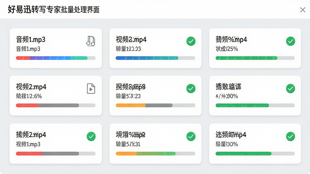 主体:好易迅转写专家批量处理界面,显示多个文件同时转写的进度条;布局:网格状排列,每个文件卡片上有文件名、进度百分比和状态图标;排版:卡片式布局,进度条用彩色动态条展示;风格:简洁商务风格,背景为浅灰色;细节:文件卡片上标注“音频1.mp3”“视频2.mp4”,完成状态打上绿色对勾;画质:高清写实,界面元素干净利落,无多余元素。