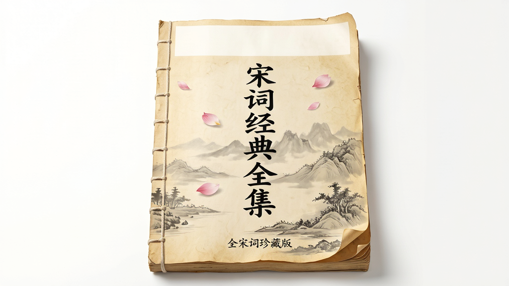 主体为一部古风线装书封面,封面中央竖排题写“宋词经典全集”六个书法大字,周围点缀淡墨山水与几片飘落的花瓣。布局采用居中对称,上方留白较多,下方有“全宋词珍藏版”小字。排版疏朗,古雅大方。风格仿宋代刻本,泛黄宣纸纹理,墨色清润。细节处可见书页边缘微微卷曲,光线柔和。画质高清干净,无多余元素。