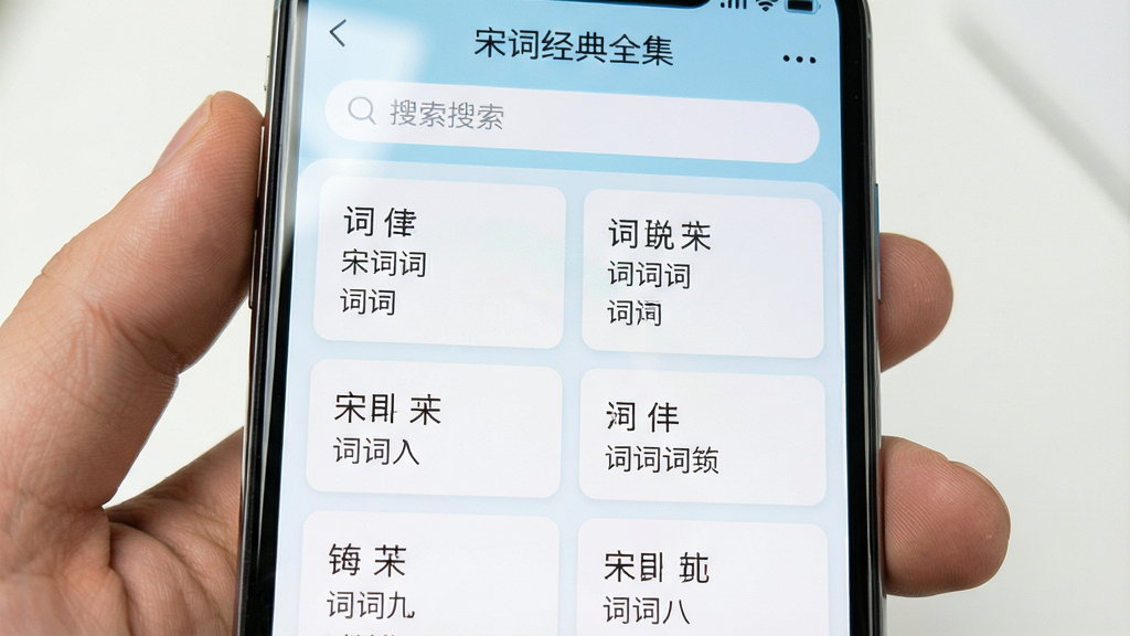 主体为智能手机屏幕特写,屏幕显示“宋词经典全集”应用界面,列表页展示词牌名与词人姓名,字体为清晰的宋体。布局为竖屏上下滑动样式,上方搜索栏,下方卡片式词条。排版整齐,信息层级分明。风格清爽简洁,白色背景配淡蓝色点缀。细节处屏幕反光轻微,词句文字清晰可读。画质干净明亮,无多余元素。