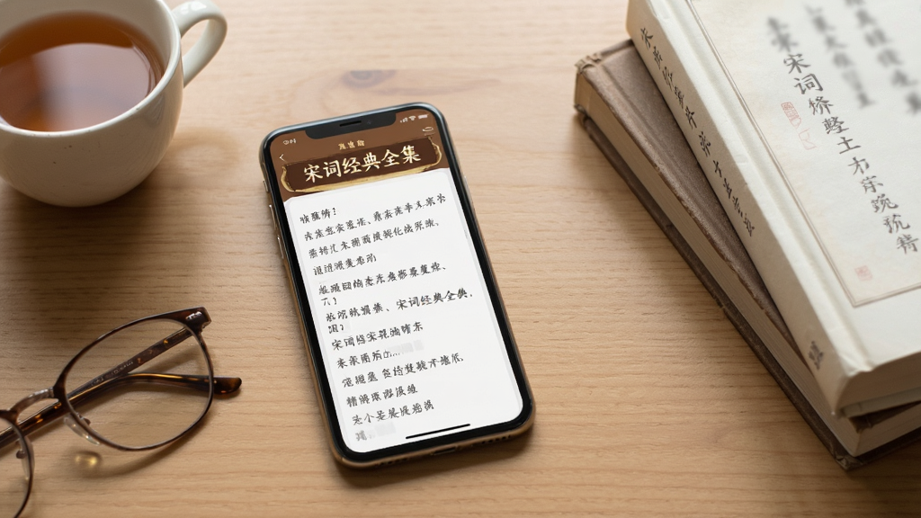 主体为一部手机放置在木质书桌上,屏幕显示“宋词经典全集”应用打开状态,桌面上有一杯茶与一副眼镜。布局为平视视角,手机居中偏左,右侧有书本。风格写实,暖色调,光线自然。细节处屏幕清晰显示词句内容,周围环境整洁。画质高清干净,无多余元素。