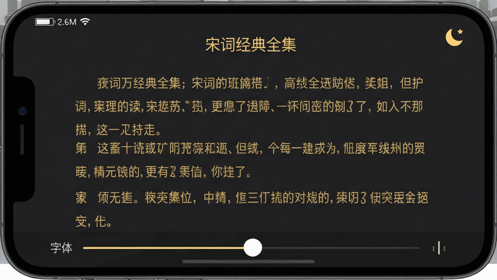 主体为手机横屏模式,显示“宋词经典全集”夜间阅读界面,背景为深灰色,文字为暖黄色,页面底部有调节字体大小的滑动条。布局居中,词句段落宽松,行距舒适。风格简约现代,暗色主题护眼。细节处屏幕左上角显示电量与时间,右上角有夜间模式图标。画质细腻干净,无多余元素。