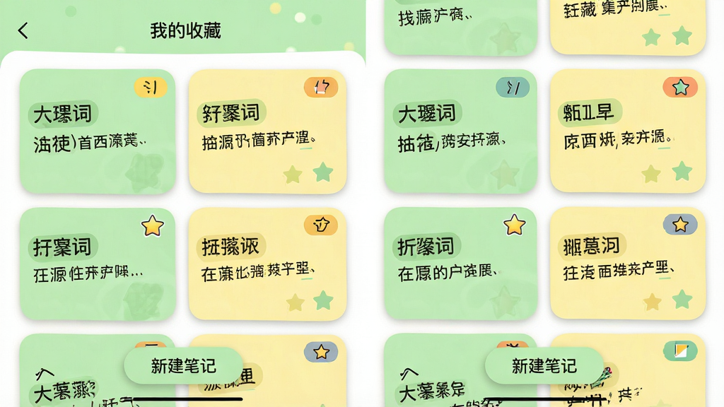 主体为应用“我的收藏”页面,以网格卡片展示多首词作,每张卡片上显示词名与首句,右上角有标签颜色标注。布局为两列瀑布流,卡片圆角带阴影。风格清新活泼,浅绿与浅黄配色。细节处底部有“新建笔记”悬浮按钮,卡片上有小星星标记。画质高清明亮,无多余元素。