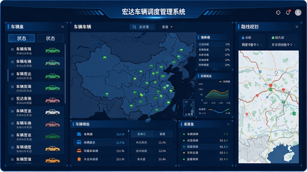 宏达车辆调度管理系统主界面,显示车辆实时地图监控大屏,左侧为车辆列表和状态标签,右侧为路线规划与调度指令面板,整体采用深蓝色科技感风格,数据看板清晰,界面干净整洁,画质高清,无多余元素