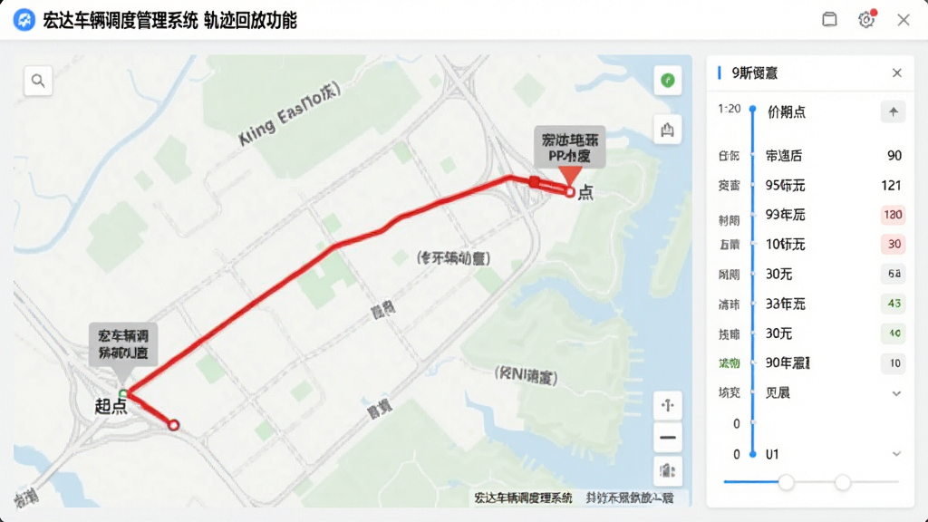 宏达车辆调度管理系统轨迹回放功能界面,地图上显示红色行驶轨迹线,带有起点和终点标记,右侧时间轴可拖动,界面浅色清爽,数据标注清晰,画质干净,无多余元素