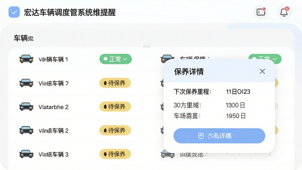 宏达车辆调度管理系统维保提醒页面,车辆列表带绿色正常和黄色待保养标签,点击车辆弹出保养详情卡片,包含下次保养里程和日期,界面清新柔和,圆角设计,画质干净,无多余元素