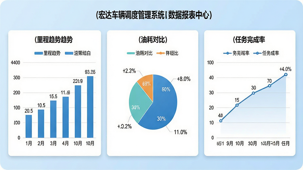 宏达车辆调度管理系统数据报表中心,展示柱状图、饼图和折线图,包含里程趋势、油耗对比和任务完成率,浅蓝底色配白色卡片,图例清晰,数字标注明确,画质精致,无多余元素