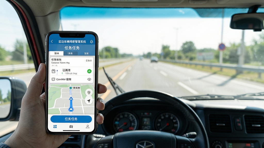 宏达车辆调度管理系统手机端操作界面,司机在驾驶室内使用手机APP确认任务,界面显示任务详情和导航按钮,背景为挡风玻璃外的道路,画面自然明亮,细节真实,画质高清,无多余元素