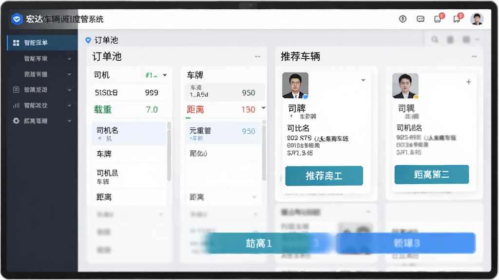 宏达车辆调度管理系统智能派单界面,屏幕上显示订单池和推荐车辆卡片,卡片包含司机姓名、车牌、载重和距离信息,操作按钮醒目,整体商务简约风格,浅灰底色,排版整齐,画质清晰,无多余元素
