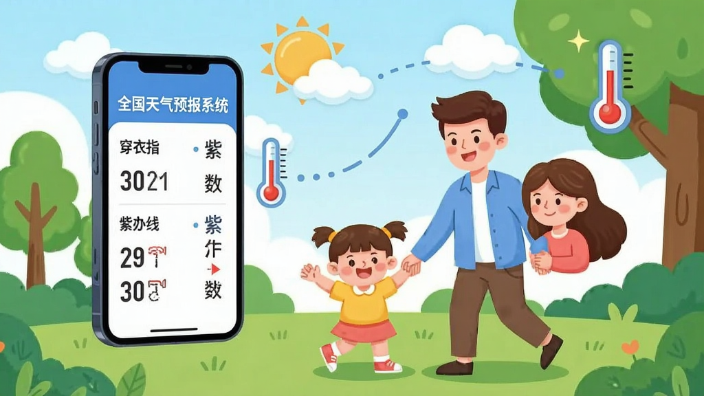 生活场景插画,主体为一家三口在公园活动,手机悬浮显示“全国天气预报系统”的穿衣指数与紫外线指数,布局采用环绕式,风格清新卡通,细节包括太阳云朵与温度计图标,画质明亮干净无多余元素