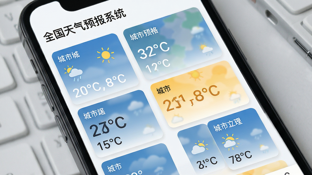 手机界面展示多个城市天气卡片,主体为“全国天气预报系统”的城市管理页面,布局为瀑布流卡片,风格简洁商务,细节包括城市名称与温度大字,画质精致干净无多余元素