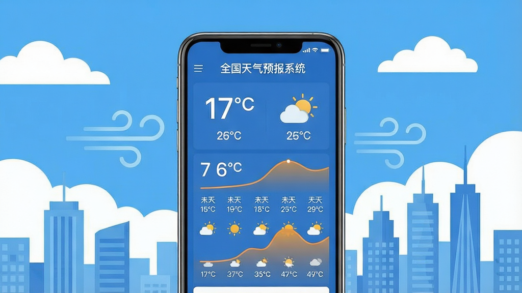 一幅现代科技感的气象软件宣传图,主体为手机屏幕展示“全国天气预报系统”主界面,背景是蓝天白云与城市天际线,布局采用居中构图,界面清晰显示温度、天气图标与未来7天预报,风格扁平化插画,细节包含微风动画与温度曲线,画质高清干净无多余元素