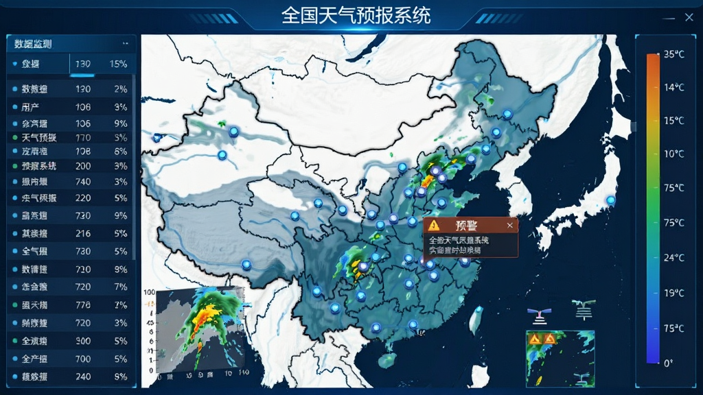 展示“全国天气预报系统”实时监测界面的截图,主体为地图上分布着无数气象监测点,右侧滑动温度条,布局左右分栏,左侧为数据列表,风格写实搭配科技蓝,细节包括降雨雷达图层与预警弹窗,画质细腻干净无多余元素
