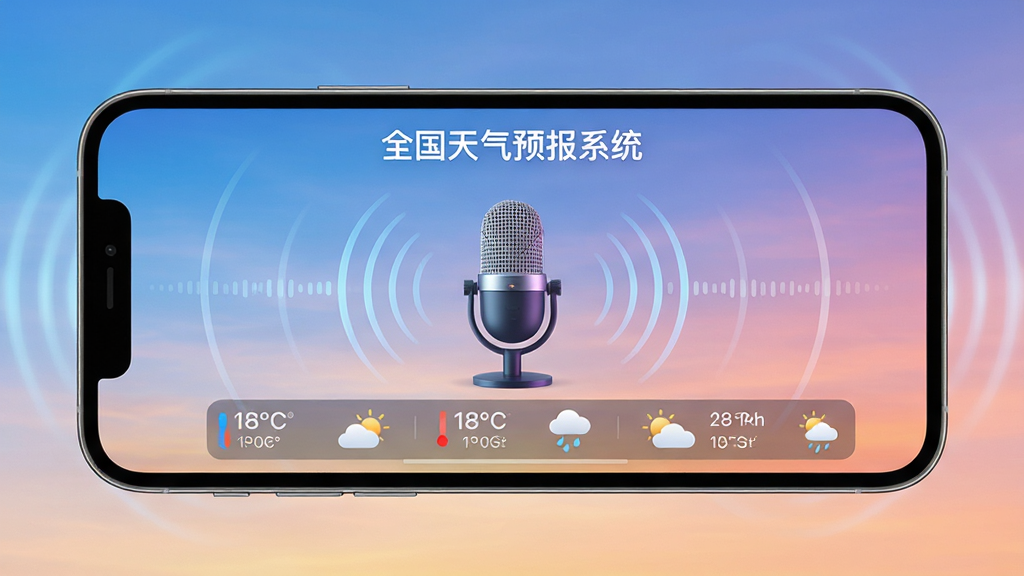 手机横屏展示“全国天气预报系统”的语音播报界面,主体为麦克风与声波波纹,背景为渐变天空,布局居中,风格现代科技感,细节包含温度与天气图标,画质清晰干净无多余元素