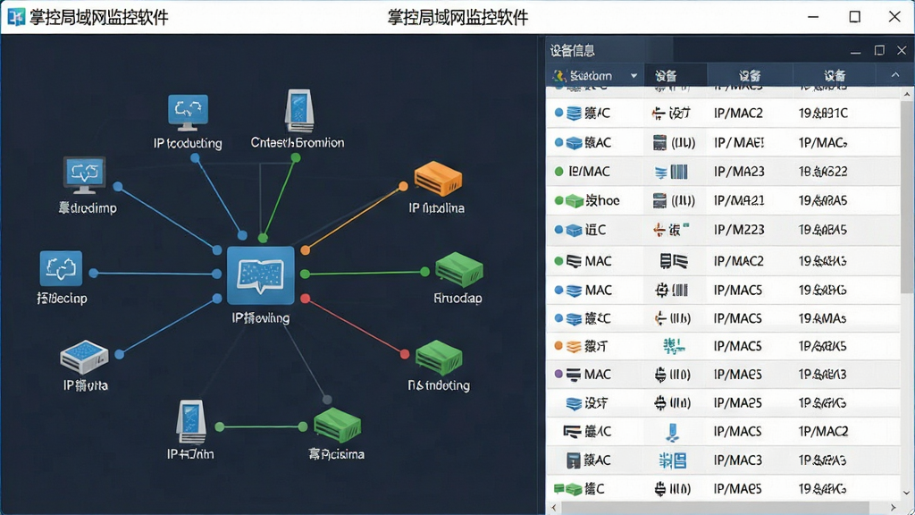 一张掌控局域网监控软件设备发现功能的预览图,主体为网络拓扑图与设备列表对照展示,布局为左右分栏,左为拓朴连线图,右为设备信息表格,扁平化风格,彩色图标区分设备类型,细节标注IP/MAC地址,画质高清干净,无多余元素,界面带有“掌控局域网监控软件”标题