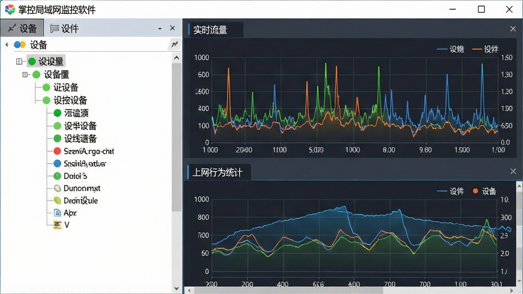 一张展示掌控局域网监控软件主界面的高清截图,主体为软件运行界面,左侧为设备列表树,右侧为实时流量曲线图与上网行为统计面板,布局清晰,排版整洁,现代扁平化设计风格,细节上突出设备在线状态彩色圆点与数据波动线条,画质清晰干净,无多余元素,界面中显示“掌控局域网监控软件”字样