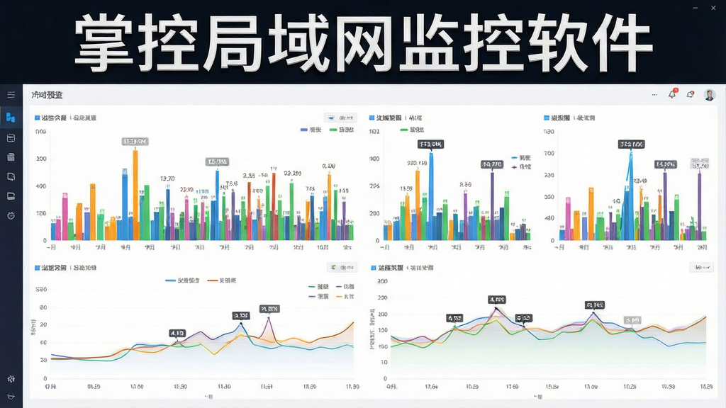 一张掌控局域网监控软件流量监控功能的预览图,主体为多台设备的流量柱状图与折线图组合,布局为全屏图表视图,风格简洁科技感,细节包括彩色数据条与峰值标注,画质高清干净,无多余元素,图表上方有“掌控局域网监控软件”字样