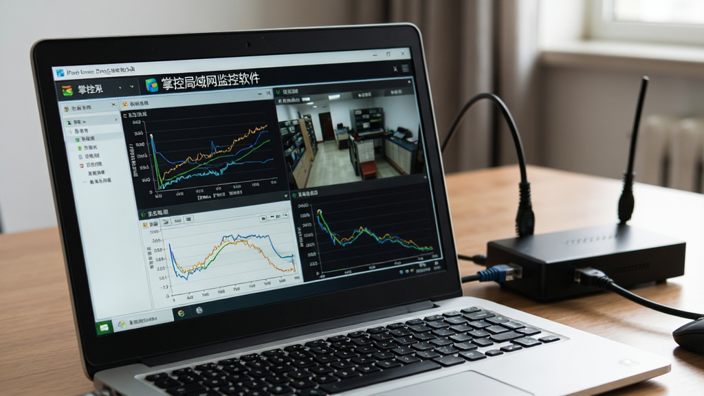 一张掌控局域网监控软件在电脑上运行的实拍照片,主体为笔记本电脑屏幕显示监控界面,旁边有网线连接路由器,布局为斜侧视角,照片风格真实自然,细节清晰展现界面图表,画质高清干净,无多余元素,屏幕中显示“掌控局域网监控软件”标题