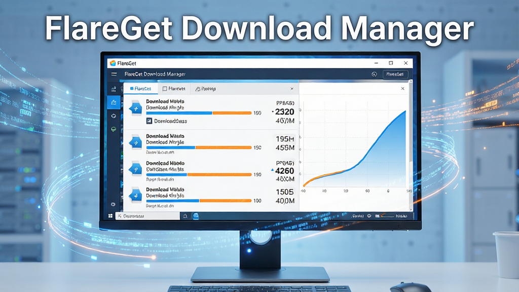 主体:一台现代Windows电脑屏幕前,显示FlareGet Download Manager主界面,界面中多个下载任务正在高速进行,速度曲线图呈上升趋势。布局:电脑屏幕占据画面中央,界面清晰可见,周围有流动的数据光线环绕。排版:主标题“FlareGet Download Manager”位于画面顶部,下方为界面特写,整体排列有序。风格:科技感、现代、明亮通透。细节:界面中显示文件名称、下载进度条、实时速度数字,色彩以蓝色和橙色为主。画质:8K超高清,干净,无多余元素。