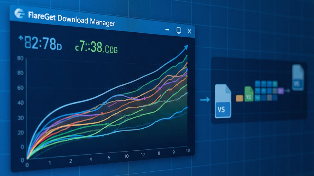 主体:FlareGet Download Manager的下载速度监控面板特写,面板上多条彩色线条代表不同线程的传输速率,整体呈上升趋势。布局:面板占据画面左侧,右侧显示文件分块传输的动画示意。排版:面板上清晰标注“FlareGet Download Manager”字样及速度数值。风格:数据可视化风格,科技蓝为主色调。细节:线条流畅,数字跳动清晰可见,背景有微弱的网格线。画质:高精细度,干净,无多余元素。