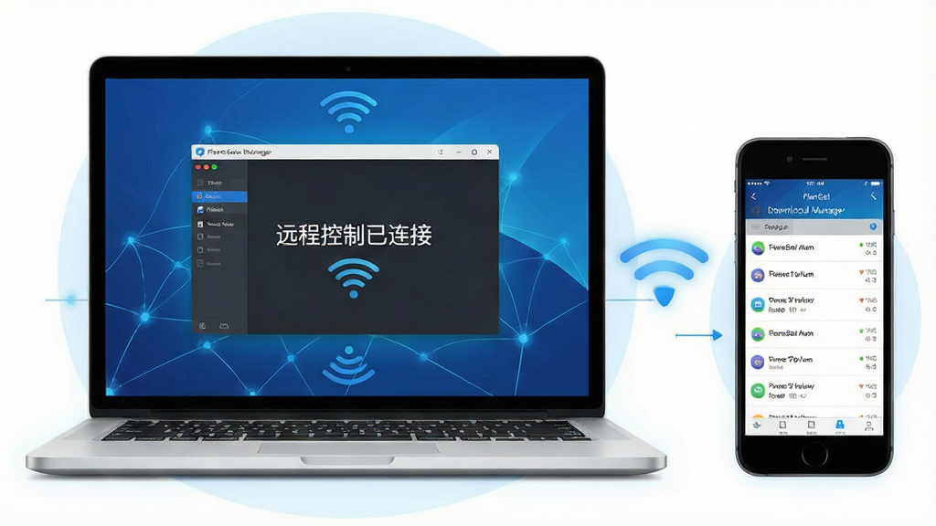 主体:一台笔记本电脑和一部智能手机并排放置,屏幕中显示FlareGet Download Manager的同步界面,通过无线网络连接。布局:电脑在左手机在右,中间有无线信号图标连接。排版:电脑屏幕显示“远程控制已连接”,手机屏幕显示任务列表。风格:实用教程风格,清晰明亮。细节:设备周围有淡淡的蓝色网络覆盖,界面元素高亮。画质:高清,干净,无多余元素。