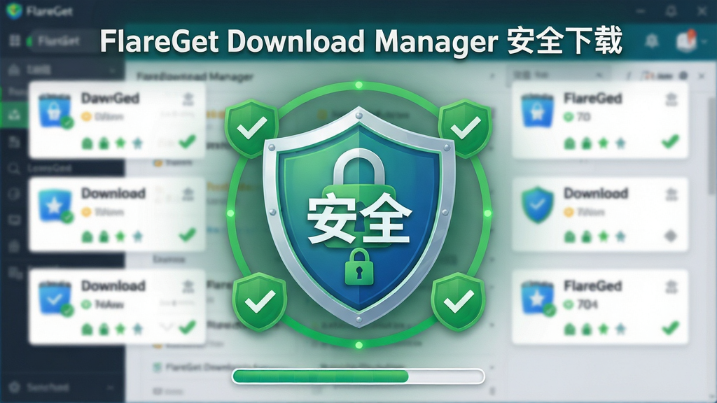 主体:一个盾牌图标中央带有“安全”字样,背景为FlareGet Download Manager的下载界面,周围有绿色安全认证标识环绕。布局:盾牌图标置于画面中央,四周分布着下载任务卡片。排版:盾牌上方标注“FlareGet Download Manager 安全下载”,底部有扫描进度条。风格:安全防护风格,绿色与蓝色结合。细节:盾牌上带有锁形图案,背景界面模糊处理。画质:高分辨率,干净,无多余元素。