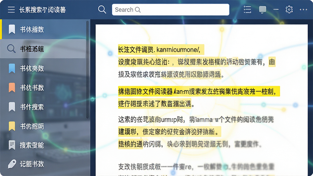 主体:kan文件阅读器的书签与搜索功能演示图,界面左侧显示书签列表,右侧文档中关键词被黄色高亮标记。布局:左右分栏结构,左侧书签栏较窄,右侧文档区域宽阔。排版:书签列表有序排列,高亮关键词醒目,搜索框位于顶部工具栏。风格:功能化界面设计,色彩搭配协调,突出智能化特点。细节:书签图标和搜索图标清晰,高亮部分显示精准。画质:画面清晰干净,无多余元素。