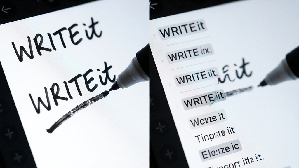 主体:特写手写笔在屏幕上书写“WRITEit”字样,屏幕即时显示识别文字候选列表;布局:书写笔迹与识别结果并列展示;排版:左半屏为笔迹,右半屏为候选词;风格:高清特写,光线明亮;细节:笔尖接触屏幕有墨迹效果,候选词清晰标注;画质:细腻,干净,无多余元素。
